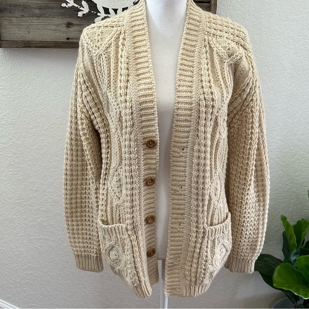 VTG Gaelterra wool heavy knit fisherman cardigan sweater cream size EU 40